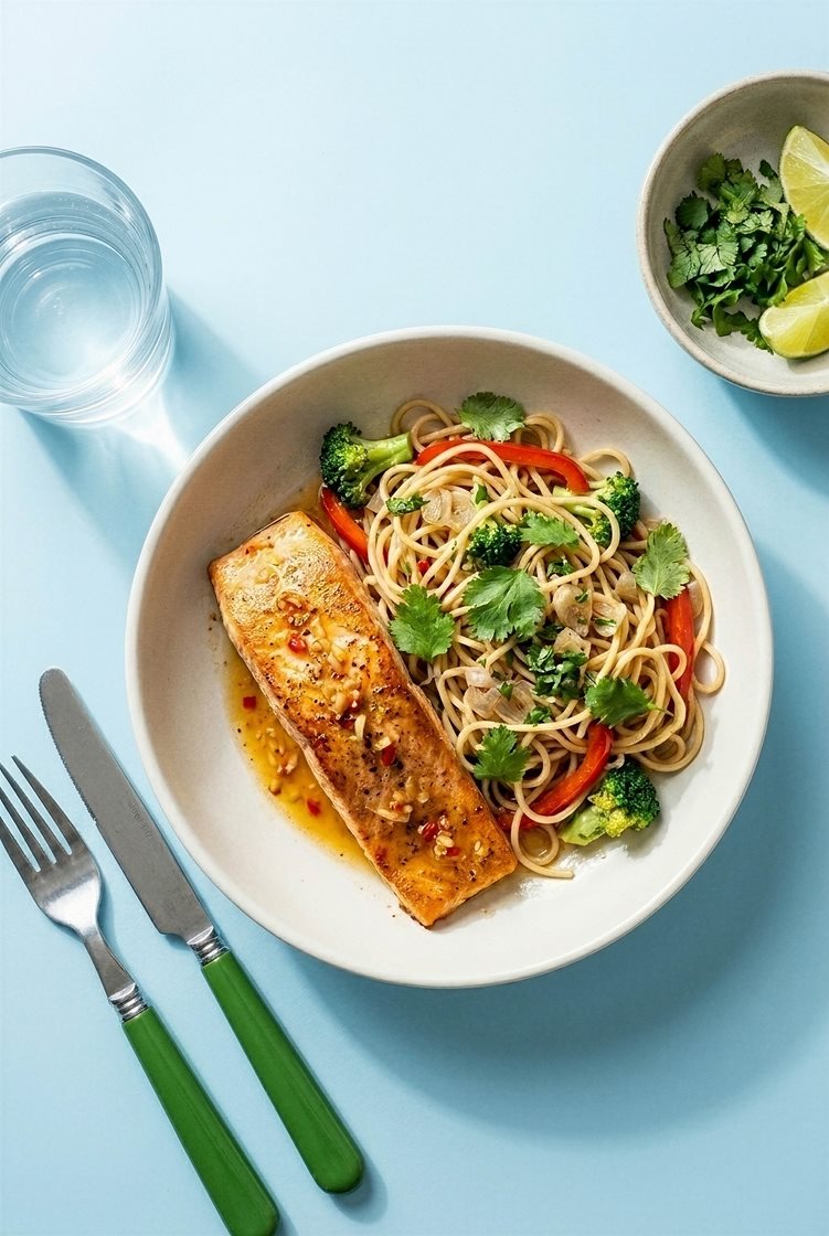 Krydderstekt laks med asiatisk nudelsalat og koriander