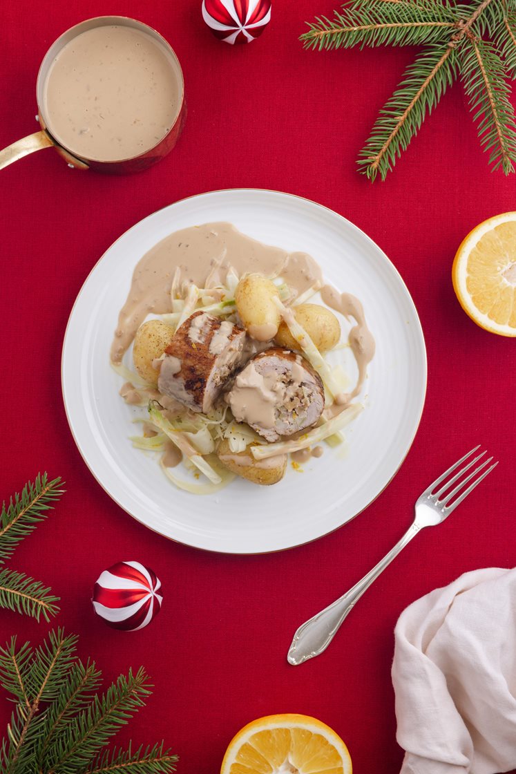 Fyldt mørbrad med valnødder og æbler