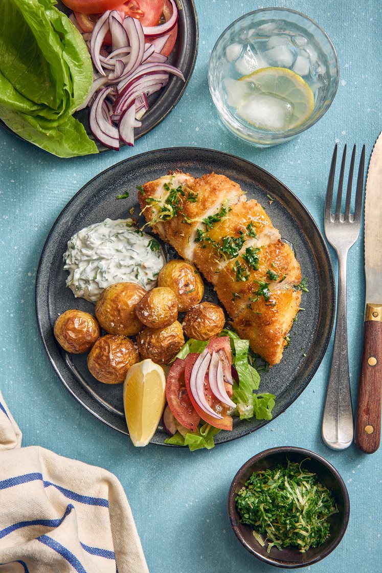 Kycklingschnitzel med gremolata och ruccolayoghurt