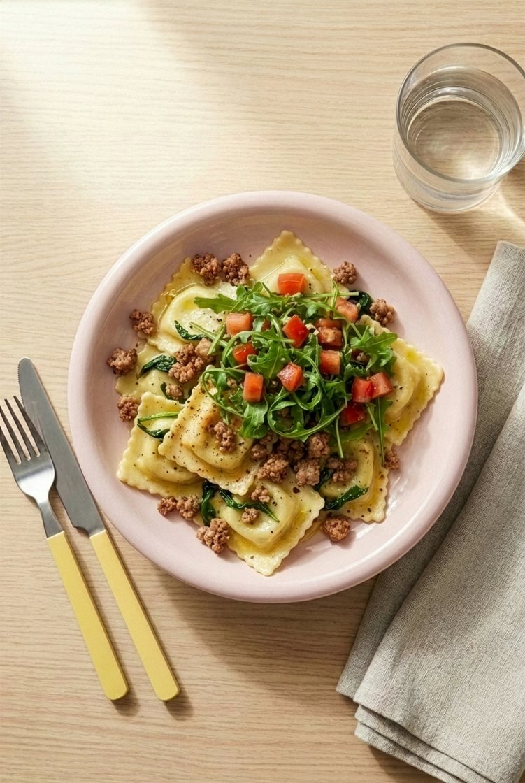 Ravioli med spinat, ricotta og salsicciakjøttdeig 