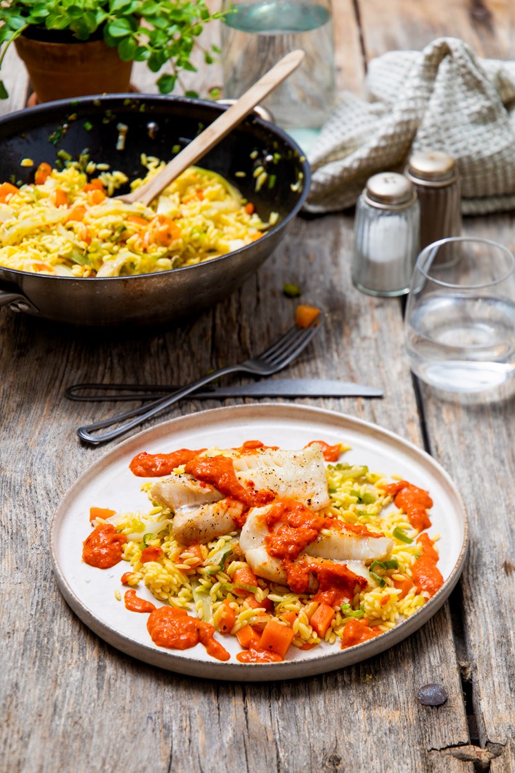 Lyrfilet med risoni pastasalat, glasert fennikel og paprikasaus