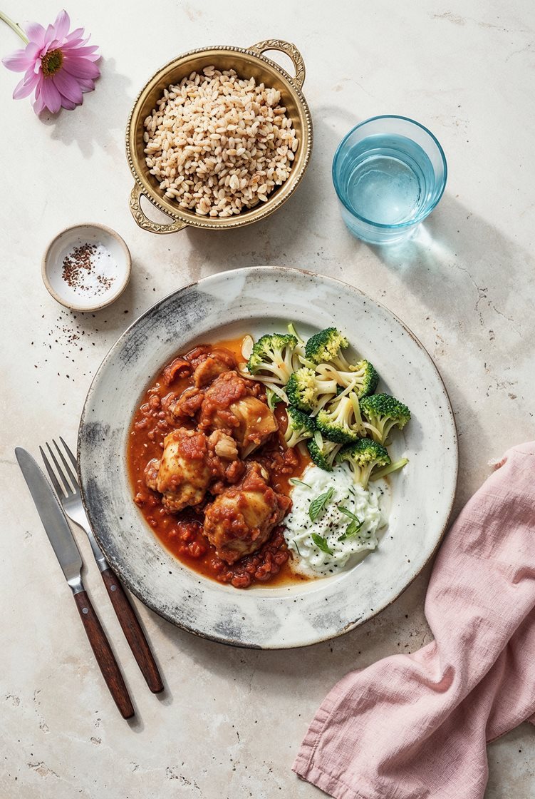 Kana garam masala valkosipulilla paistetun parsakaalin, raitan ja täysjyväriisin kanssa