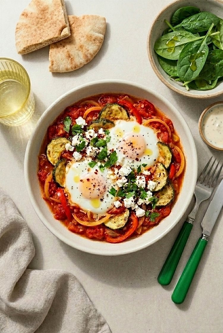 Tunisisk shakshouka - tomatsaus med egg, ovnsbakt squash, feta og rustikke multibrød
