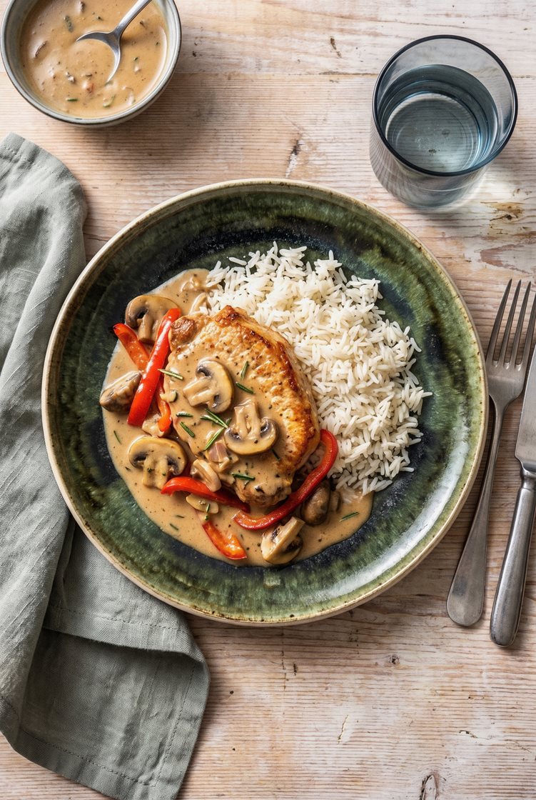 Koteletter i svampesauce med ris
