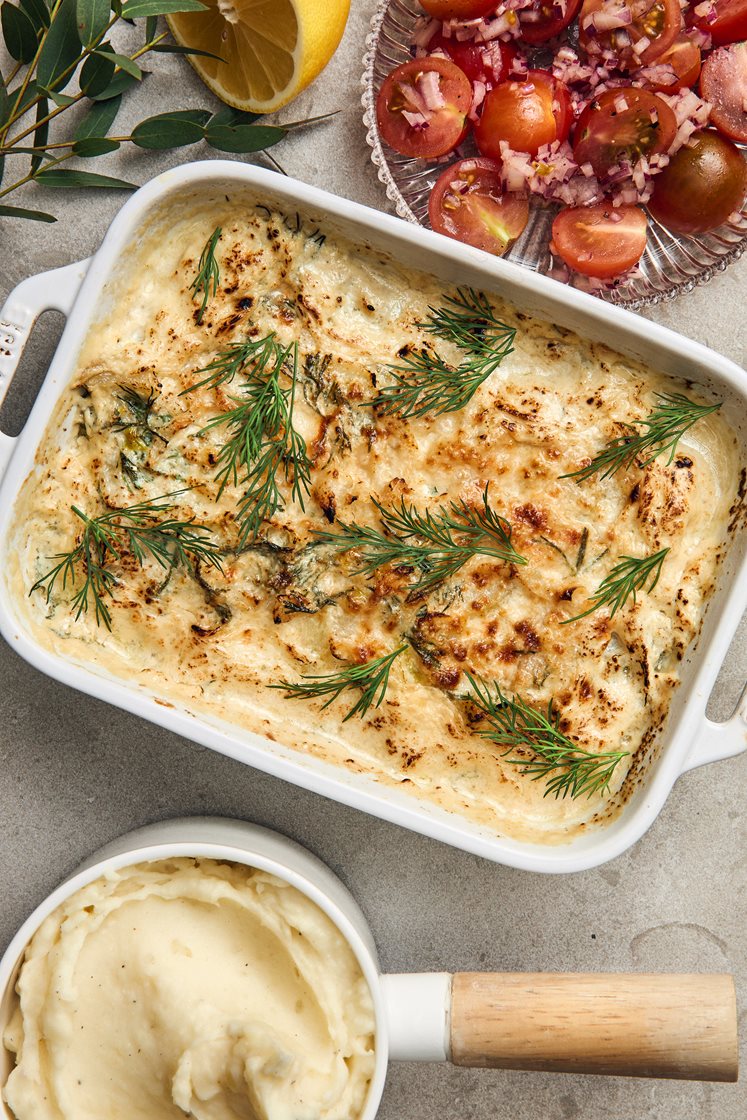 Fiskgratäng med sej, potatismos, dill och fänkål