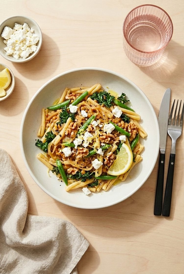 Pasta i karamellisert løk- og linsekompott med sprø grønnkål og fetaost