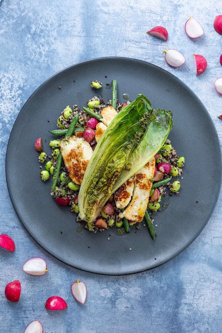 Primørsalat med quinoa og halloumiost, servert med basilikumolje