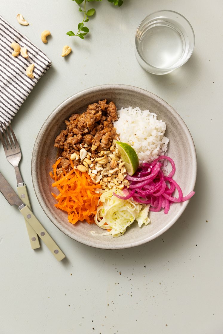 Rice bowl med teriyaki-stegt hakket kylling, hurtig syltet fennikel og cashewnødder