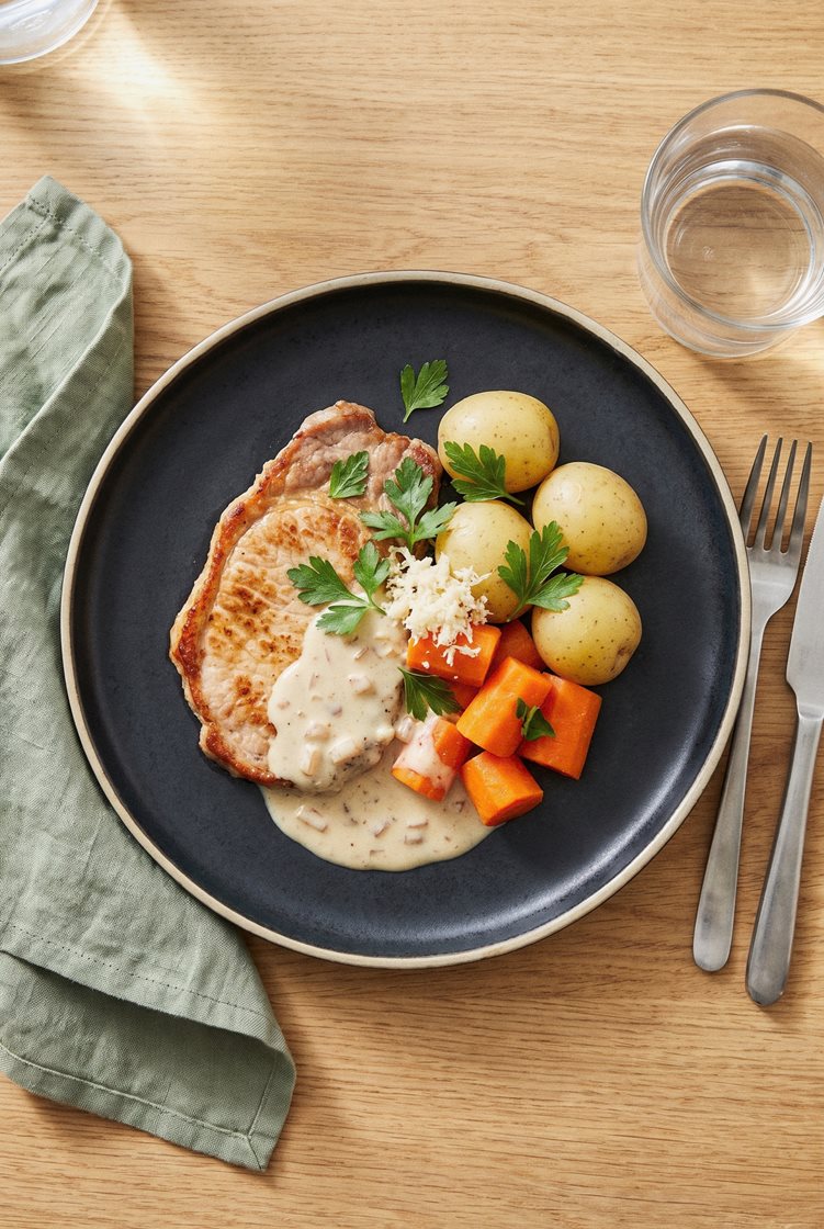Mager svinekam i pepperrotsaus med gulrøtter, poteter og frisk persille