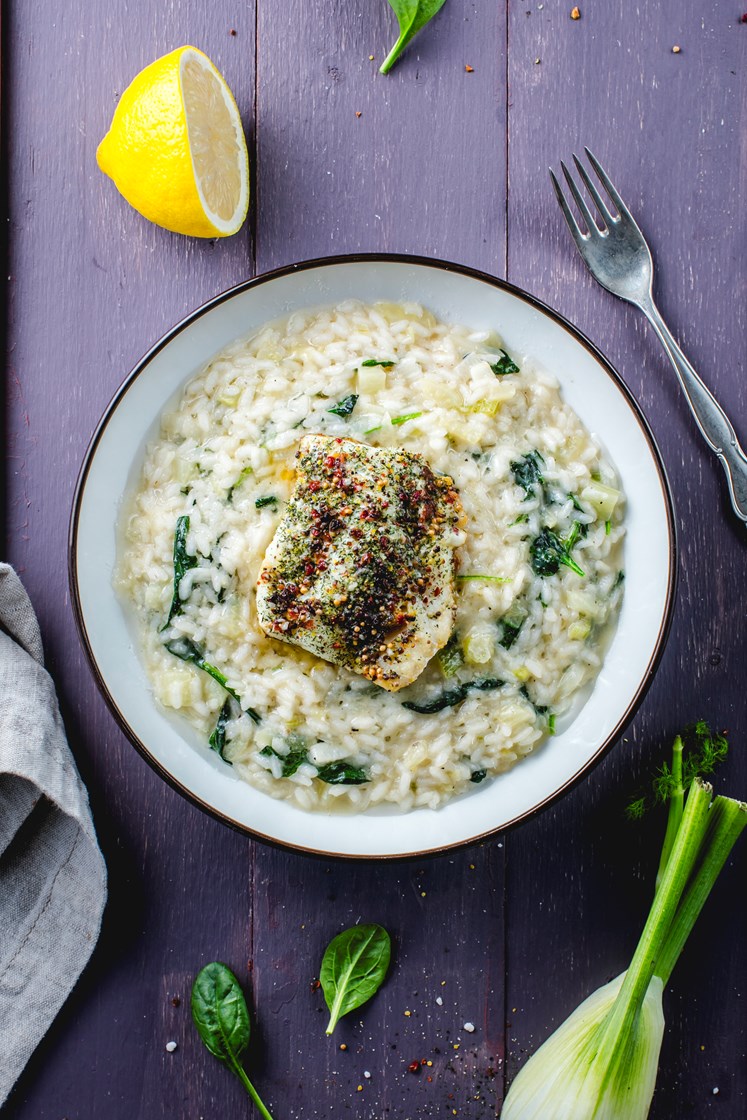 Pannestekt torsk og fennikelrisotto med spinat