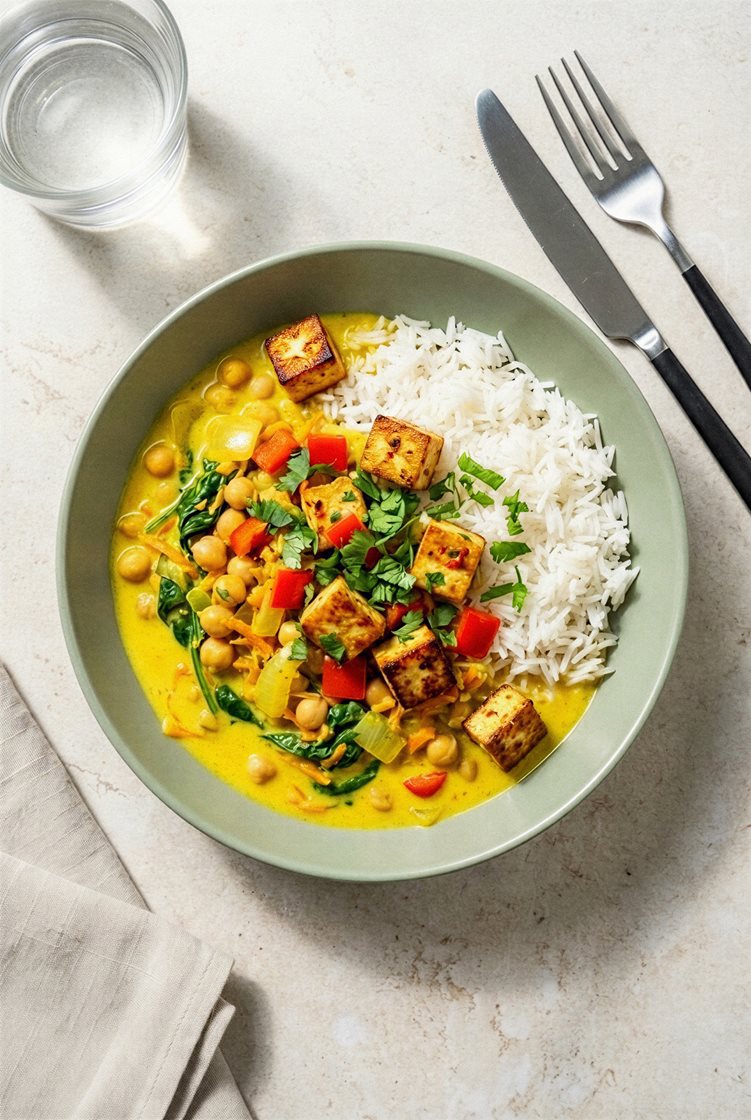 Mild tofu korma med paprika, spinat og ris