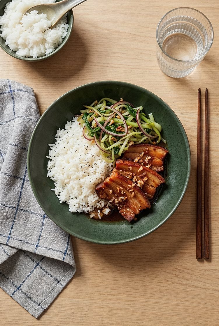 Asiatisk glaseret flæsk med pak choy og ris