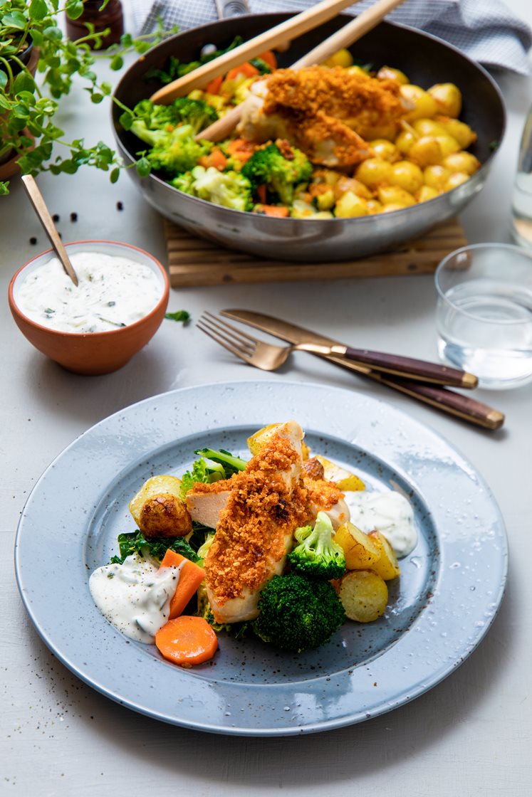 Ovnsbakt kyllingfilet med kryddercrust, hvitløkspoteter og tzatziki