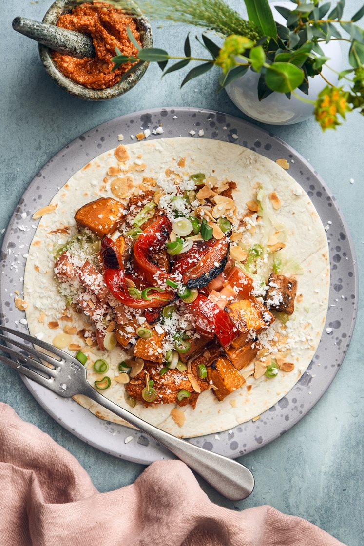 Wraps med rostad sötpotatis och het mandelkräm 