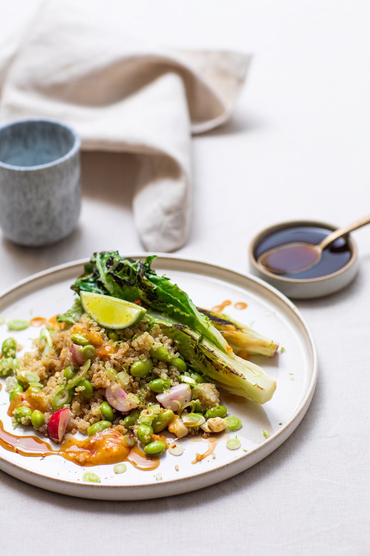 Stekt hjertesalat med quinoa og edamamebønner, servert med ponzu og curry- og mangodressing