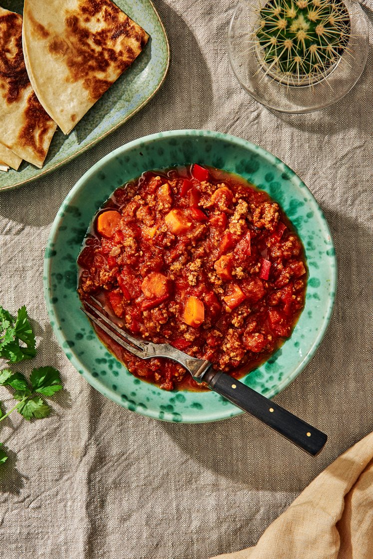 Texmexkryddad nötfärsgryta med quesadillas