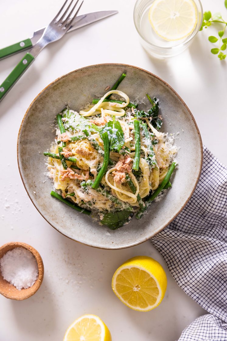 Citronpasta med tun og grønne bønner