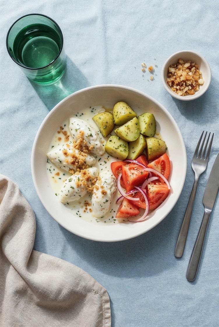 Fiskeboller i sitronsaus med pestopoteter, tomatsalat og pangrattato