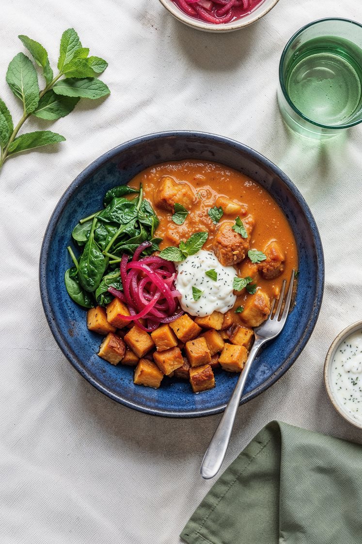 Quick butter chicken bowl med ovnbagte søde kartofler, spinat, syltede rødløg og mynte-raita