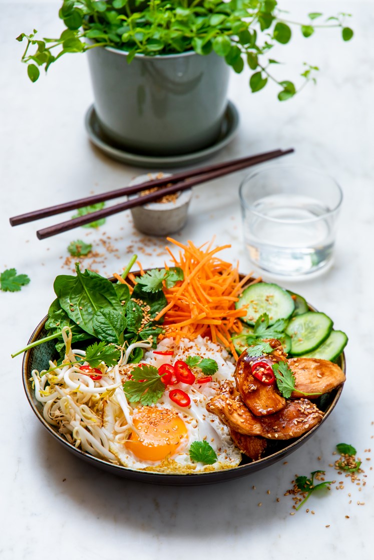 Bibimbap med soya- og ingefærstekt kylling, lettsyltet agurk, spinat, bønnespirer og speilegg