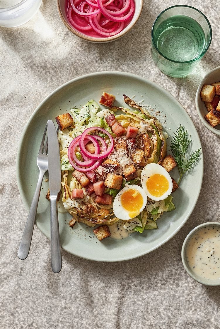 Cabbage-cæsar med smilende egg, syltet rødløk og bacontopping