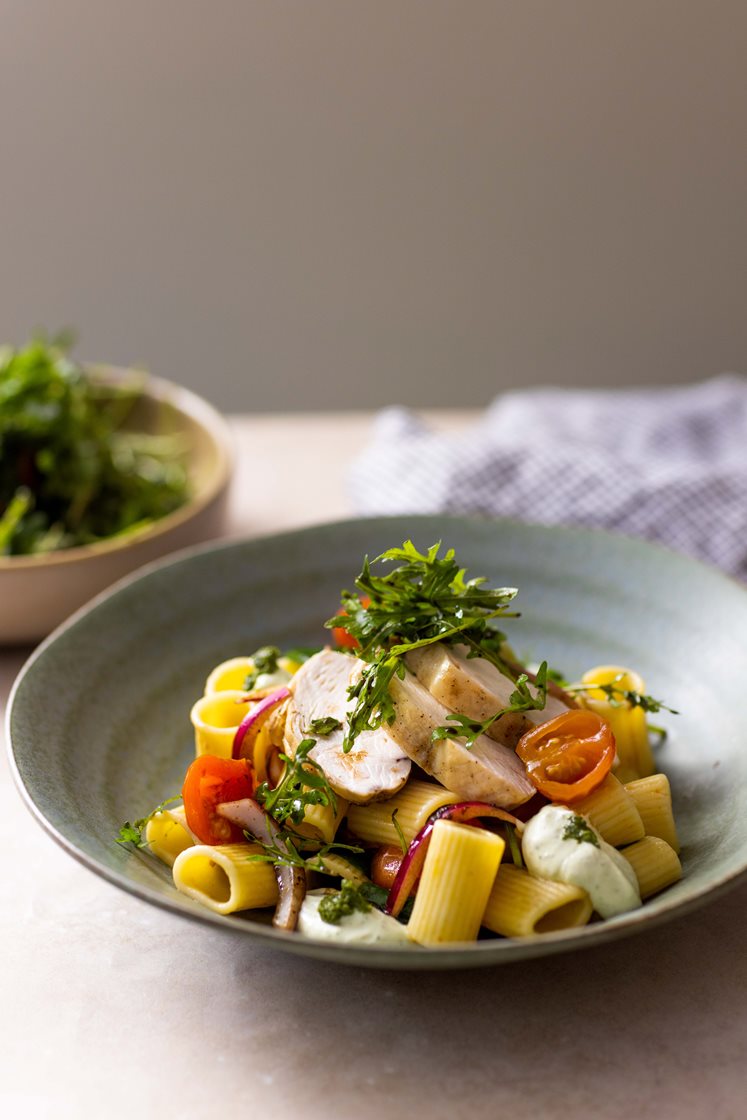 Ovnsbakt kyllingbryst og cherrytomater servert med mezze maniche, basilikumkrem og ruccolasalat 