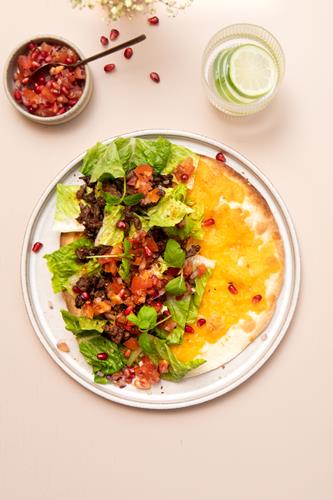 Gratinerede tortillas med krydret oksekød