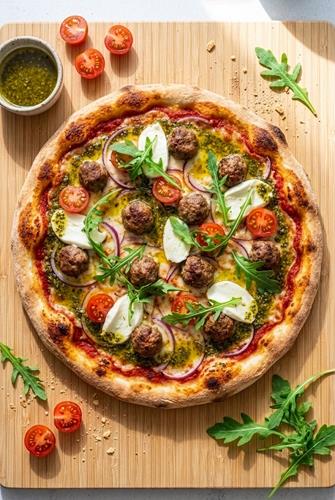 Pizza med spicy kødboller